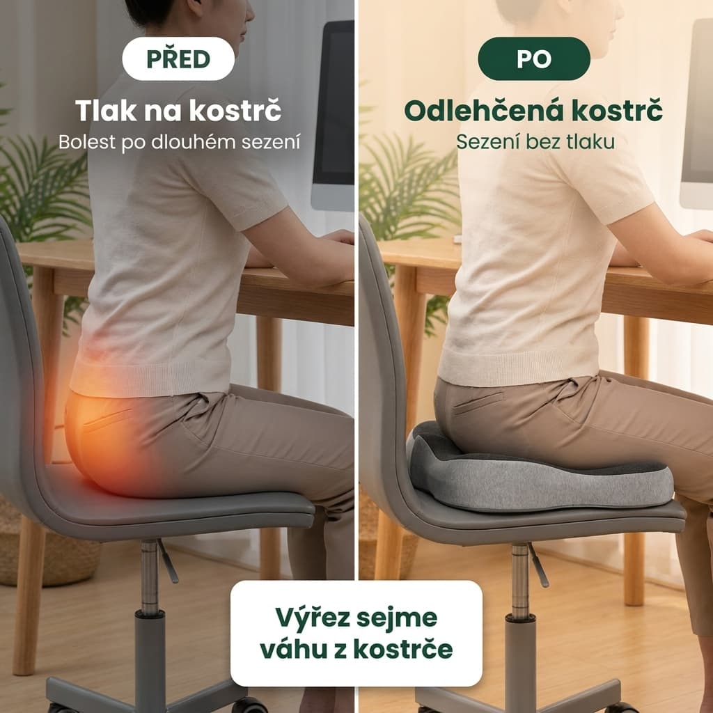 Ortopedický podsedák na kostrč před a po – sezení bez tlaku na kostrč